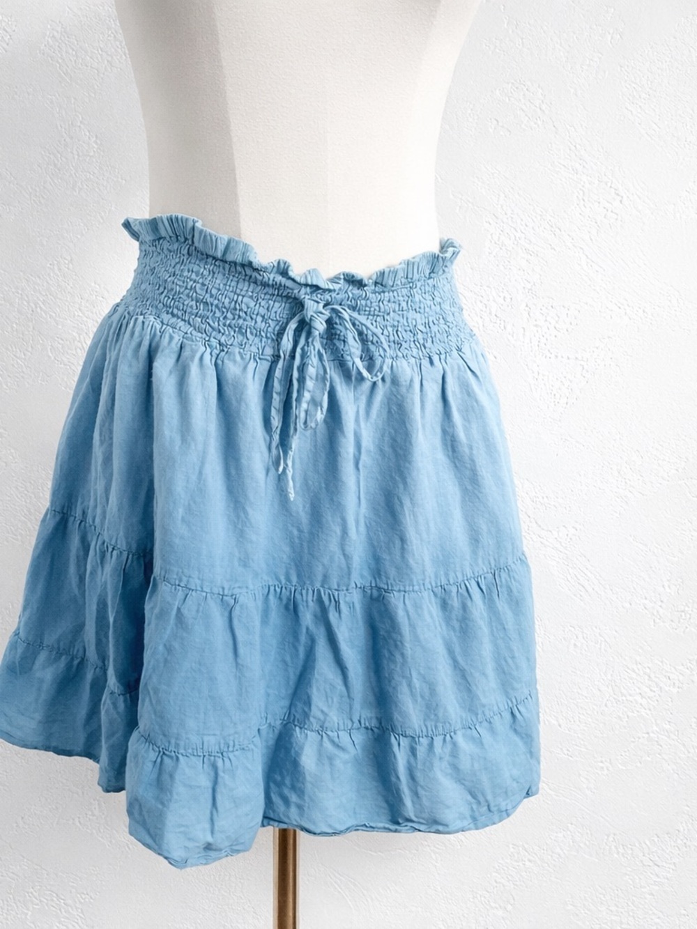 Blue Tiered Skirt Smocked Waist Cottagecore Fairycore Boho Mini XL